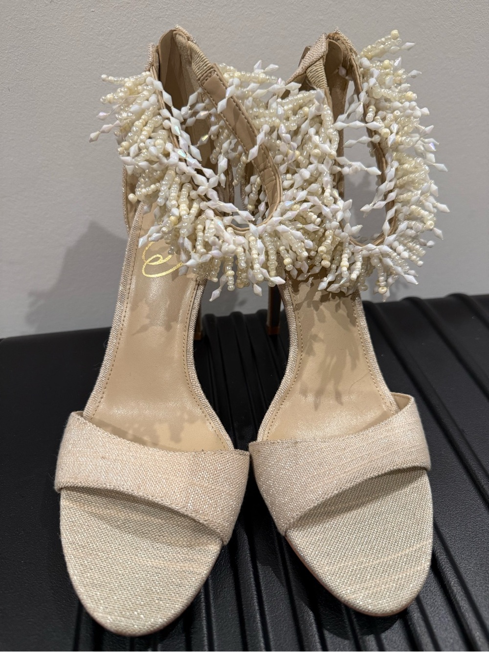 Sam Edelman Cream Beaded Ankle-Strap Heels
